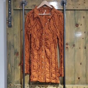 FREE PEOPLE Orange RUST Textured Button-Up Shirt Dress
